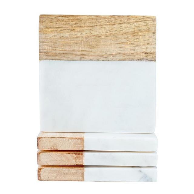 Marble & Wooden Coaster Set Square Shape Coaster for Dining Table Kitchen Decor Alabaster Marble and Wood Coaster Set Suitable for All Kinds of Mugs and Cups 4x4x2 Inch