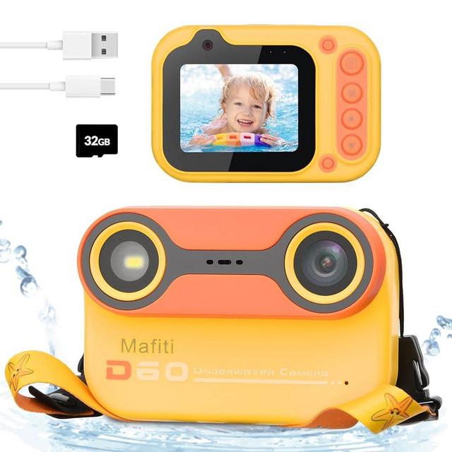 Mafiti Kids Waterproof Digital Camera Underwater Camera for Snorkeling and Diving 48MP 1080P HD Digital Camera with 2.4" IPS Display USB Rechargeable for Videos and Photos with 32GB Card Orange