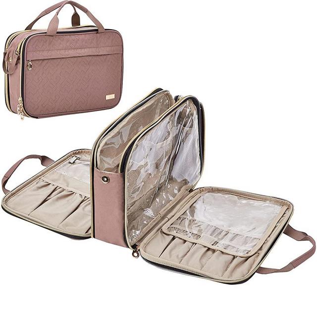 NISHEL Travel Toiletry Bag, Portable Makeup Organizer, Foldable Cosmetic Bag, Travel Cosmetic Case for Full Sized Toiletries, Rosewood-Pink