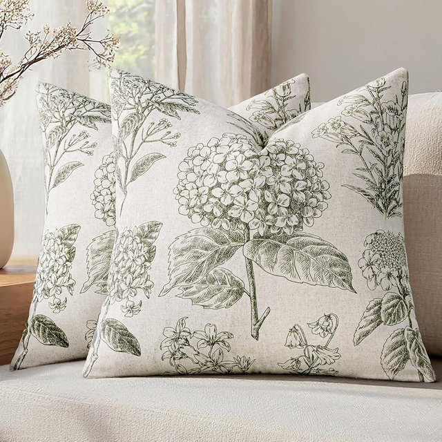 SWANCOCO Set of 2 Decorative Floral Neutral Pillow Covers 18x18 Inch Light Green Hydrangea Print Spring Boho Vintage Throw Cushion Covers for Sofa Couch Porch Bedroom Living Room Summer Home Decor
