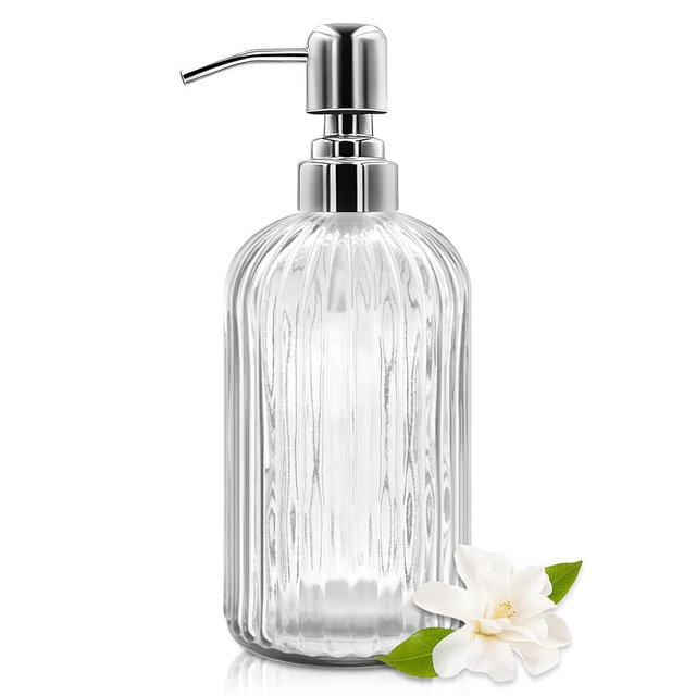 18 Oz Glass Soap Dispenser with Stainless Steel Pump, Modern Ribbed Design Refillable Liquid Soap Bottle for Bathroom, Kitchen, Hand Soap, Dish Soap, or Lotion (Clear)