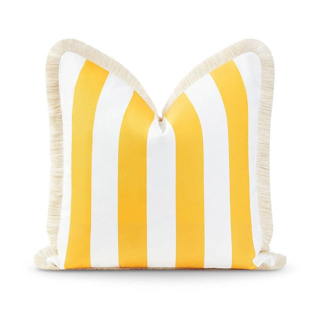 Hofdeco Premium Coastal Patio Indoor Outdoor Pillow Cover Only, 20"x20" Water Resistant for Backyard, Couch, Yellow Stripe Fringe