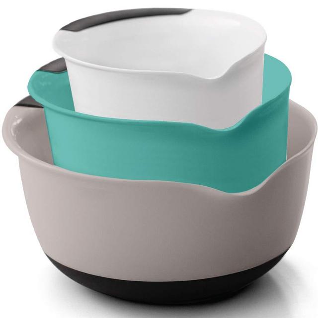 Gorilla Grip Mixing Bowls Set of 3, Slip Resistant Bottom, Includes 5 Qt, 3, and 1.5 Quart Nested Bowl, Perfect for the Dishwasher, Grip Handle for Easy Mix, Pour Spout, Baking, Almond Turquoise White