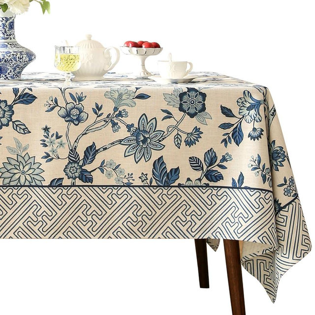 bilin gaier Vintage French Linen Rectangle Tablecloth,Blue and White Floral Table Cloth,Wrinkle Free Tablecloths,Decor Table Cover for Kitchen,Dining,Tea Party,Home,Christmas,67"*118"