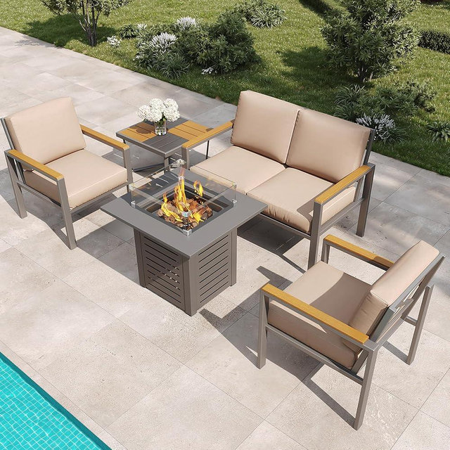 MAISON BACKYARDS MBY 5-Piece Modern Patio Furniture Set with Fire Pit Table, Metal Outdoor Sectional with Cushions & Wood-Like Armrests, Cozy Conversation Set for Porch, Balcony, Garden, Yard-Brown