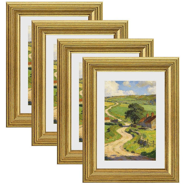 eletecpro 5x7 Gold Picture Frames Set of 4, Vintage Photo Frames with Clear Acrylic Cover, Gallery Wall Art Display 4x6 Photo with Mat or 5x7 without Mat for Tabletop and Wall Mount, Home Decor