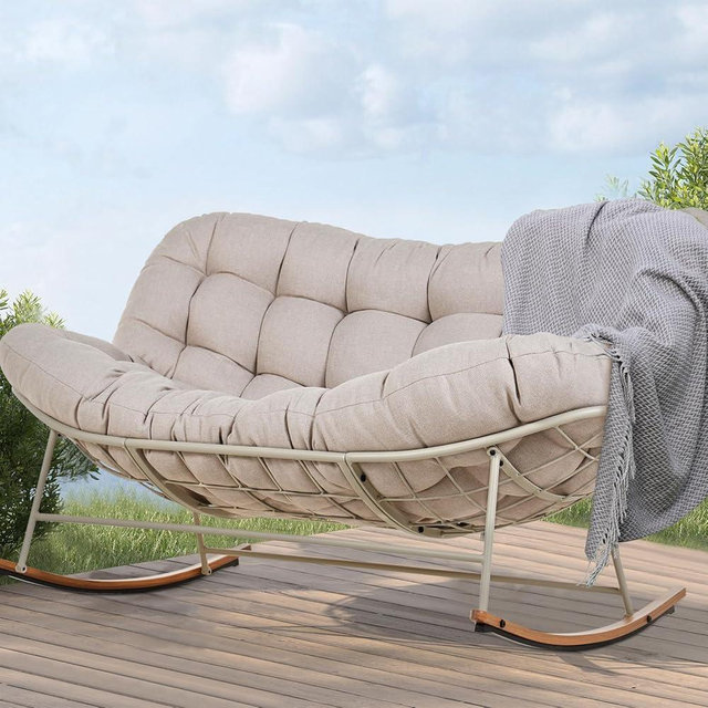 Grand patio Rocking Chair Outdoor, Oversized Rocking Chair for 2 with E-Coated Steel Frame and Thick Cushion, Comfy Papasan Rocking Chair for Patio Porch Deck Indoor
