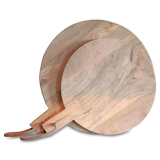 Gastro Chic Cutting Boards, Set of 2, Paddle Shaped, Rustic Mango Wood, Stitched Leather Hanging Straps, Food Safe, Each Over 1 Ft (17.25 and 15.25 Inches Long)
