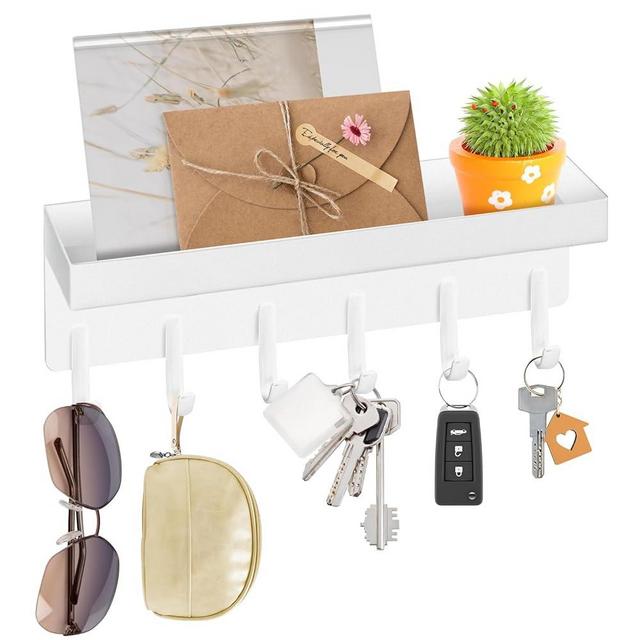 VIS'V Key Holder Wall Mount, Frosted White Stainless Steel Key Mail Holder Small Key Rack with Tray Adhesive Key Hanger Mail Storge Organizer with 6 Key Hooks for Entryway Hallway Doorway
