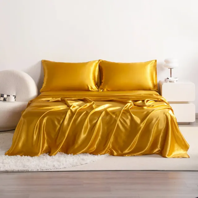 4 Pieces Satin Bed Sheet Set, Silky Cooling Soft Sheet Set, King, Golden Brown - NTBAY