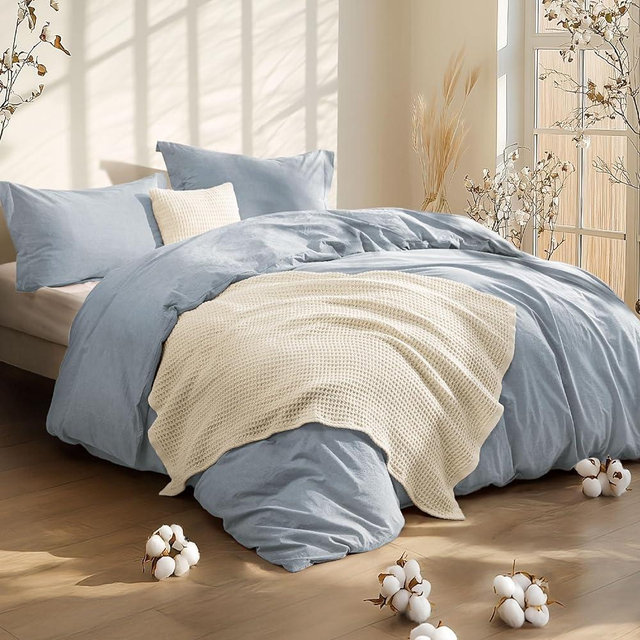 Bedsure 5 PCS Cotton Comforter Set with Waffle Throw Blanket - Soft Breathable Bedding Set for All Seasons, Blue Comforter King Size, Pillow Shams, Light Beige 100% Cotton Blanket, Throw Pillow