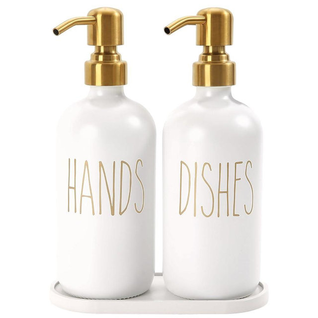 MOMEEMO Kitchen Soap Dispenser Set, Glass Soap Dispenser with Stainless Steel Pump, Contains Dish Soap Dispenser, Hand Soap Dispenser, and Tray Suitable for Kitchen Counter Decor. (White)