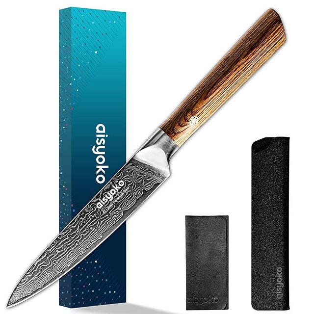 aisyoko Paring knife 5 inch sharp fruit utility knife-Japanese VG-10 super steel 67 layer Damascus steel knife-for carving and peeling-luxury gift box with color wooden handle-with scabbard