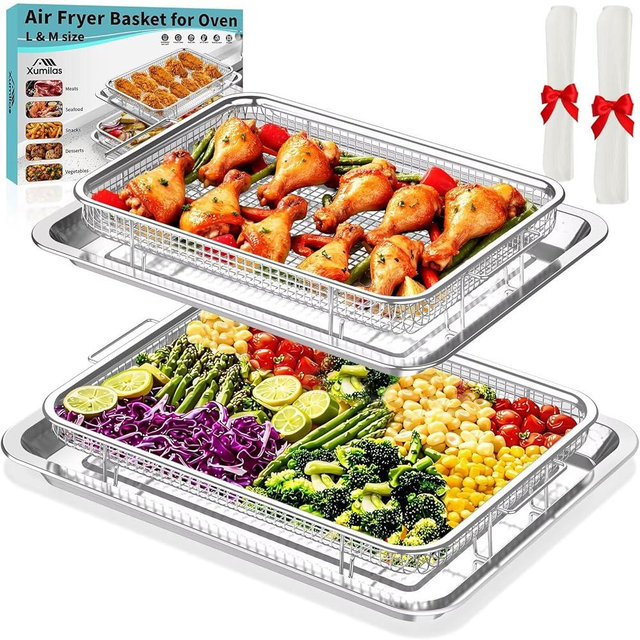 Xumilas Air Fryer Basket for Oven, 2 Set Stainless Steel Pan & Crisper Tray (15"x11" &12.8"x9.7") with 60 Parchment Papers, Family-Size Non-Stick Oven Basket for Baking Chicken, Fries, Dishwasher Safe