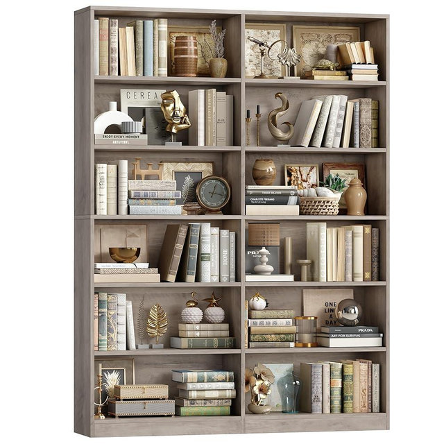 FACBOTALL Bookshelf and Bookcase, 6-Tier Double Wide Bookshelves, Freestanding Display Storage Shelves, Tall Bookcases for Home Decor Bedroom, Living Room, Home Office, Wash Gray