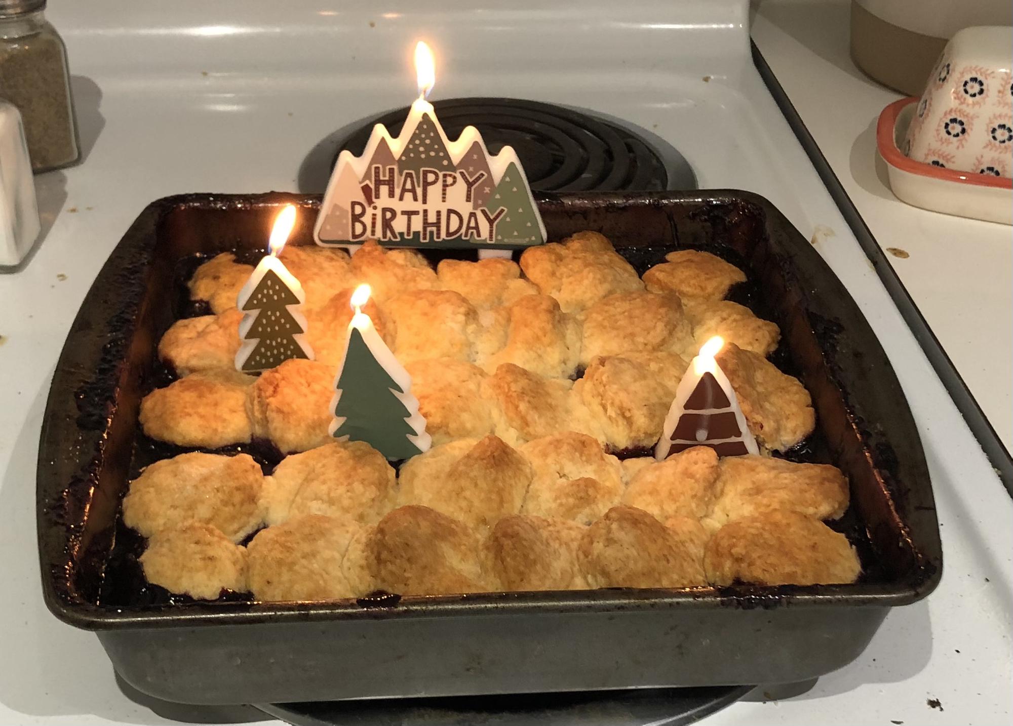 Laura made this birthday blueberry cobbler for Michael.