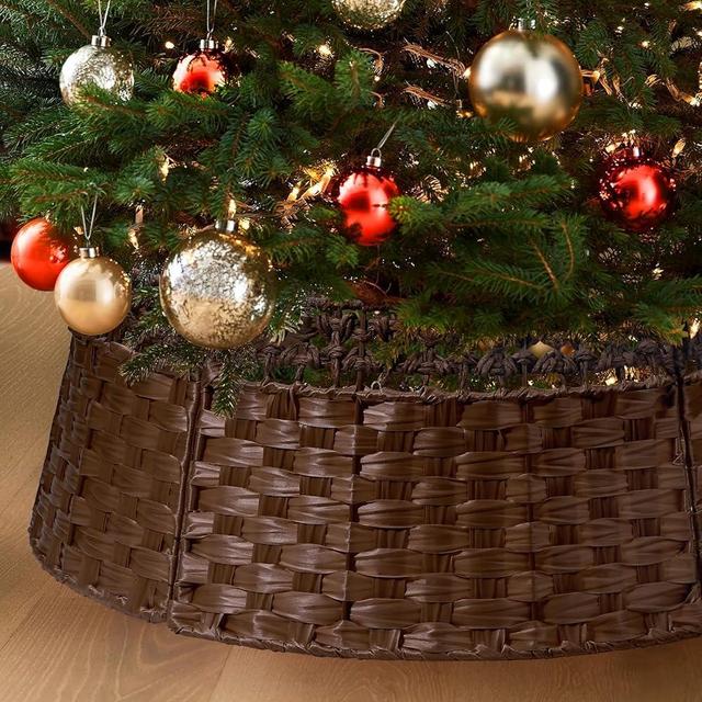 26in Christmas Tree Collar, Natural Woven Rustic & Farmhouse Holiday Decoration, 5-Piece Rattan Tree Skirt Ring Accessory for Xmas Artificial Trees(Brown)
