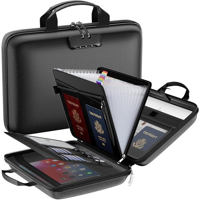 Fireproof Document Organizer with Lock, Hard-Shell Case Fireproof Document Box with 13 Pockets Accordion File Folder, Important Document Organizer for Letter A4 Files Laptop Passports (Black)