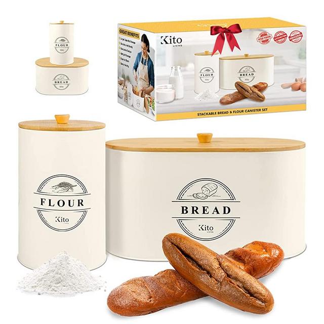 Kito LIVING Bread and Flour Containers with Airtight Lids, Flour and Bread Canister Sets for Kitchen Counter with Wooden Bamboo Lid, Stackable Food Storage Containers for Pantry Organization (Cream)
