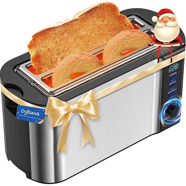 Stainless Steel Toaster 4 Slice Smart LED, DyBaxa Toaster 2 Slice Long Slot, 4 Slice Toaster Wide Slot for Bagel Sourdough Artisan Croissant Muffin, 6 Browning Control, Warming Rack, Crumb Tray