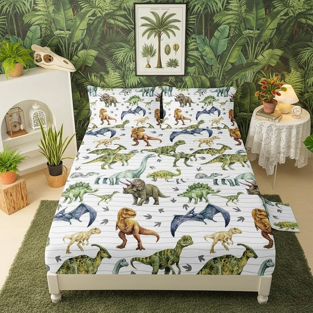 QOOMO Dinosaur 4 Piece Kids Sheet Twin Size,Jurassic Dinosaur Bedding Sheet Set,Boys Printed Flat Sheet Fitted Sheet with 16" Deep Pocket,100% Microfiber Ultra Soft and Skin Friendly