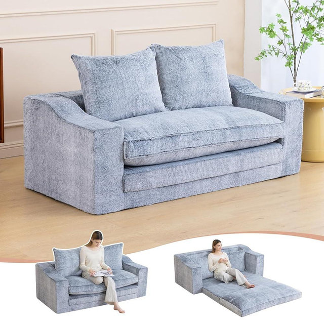 61" Convertible Sofa Bed Loveseat, Memory Foam Boneless Floor Couch with Removable Faux Fur Cover, Tri-folding Compact Full-size Sleeper for Small Living Room, Playroom, Guest Room, RV (White-on-Grey) | Convertible Sofa Bed, Premium Memory Foam, Ergonomic Design, Removable Cover, Soft Faux Fur Fabric, Space-saving