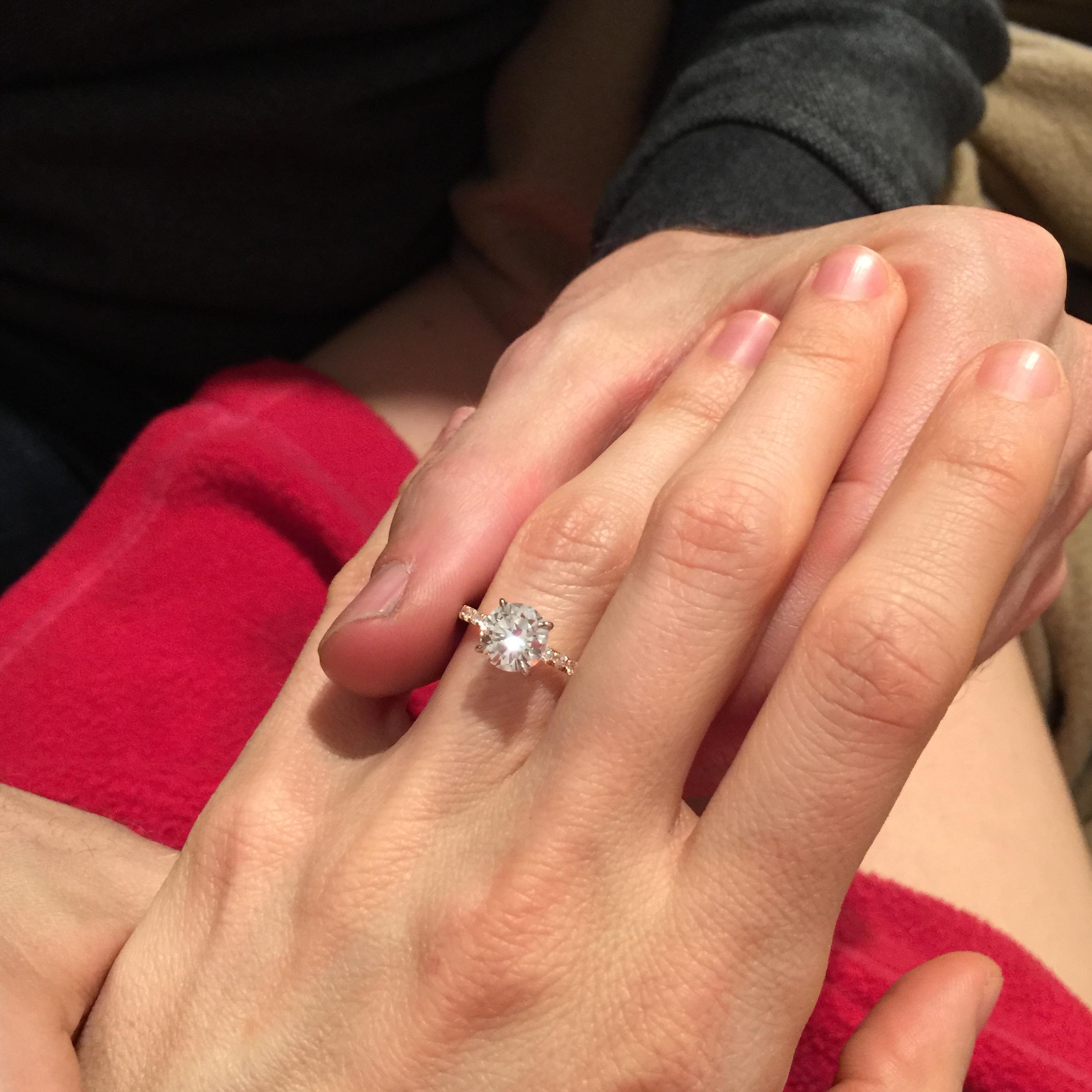 The engagement 💍 
Simply and sweetly, and home in our pjs. 
He had just gotten the ring from the jeweler, and he couldn't wait!