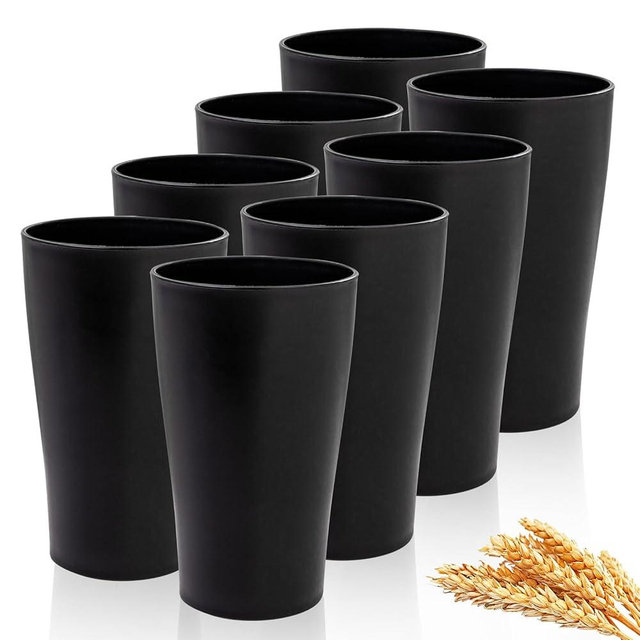 EI 8pcs Black Wheat Straw Cups,Drinking Glasses Premium Wheat Straw Unbreakable Cups,Chip Resistant Cups,Plastic Reusable Cups,Large Cups for Kitchen,Dishwasher Safe Water Glasses Tumblers,Halloween