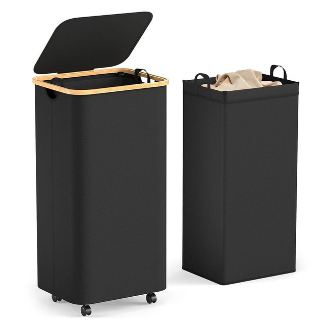 Yecaye 100L Large Capacity Laundry Hamper – Foldable Rolling Laundry Basket, Mobile Clothes Hamper with Wheels, Removable Inner Bag, Bamboo Handle Lid Laundry Bin – Multi-Use Storage, Black