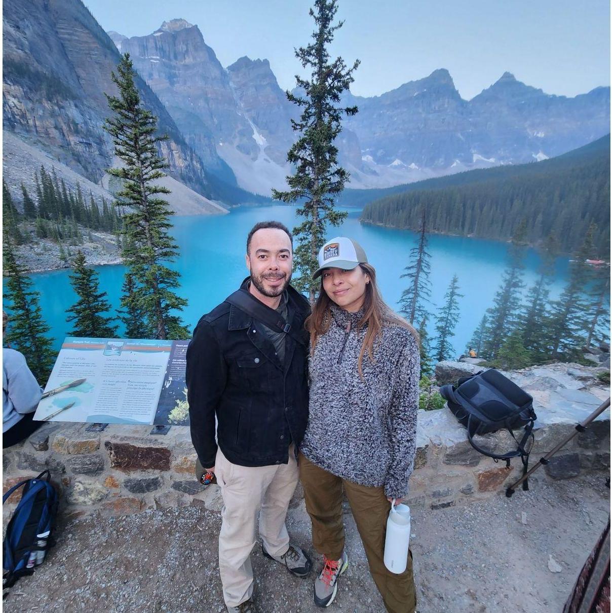 Watching the sun rise over Lake Moraine in Banff, Canada