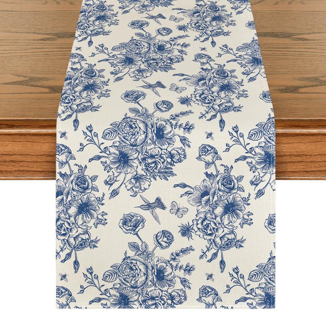 Artoid Mode Spring Navy Blue Floral Chinoiserie Table Runner, Seasonal Summer Kitchen Dining Table Decoration for Home Party Decor 13x72 Inch