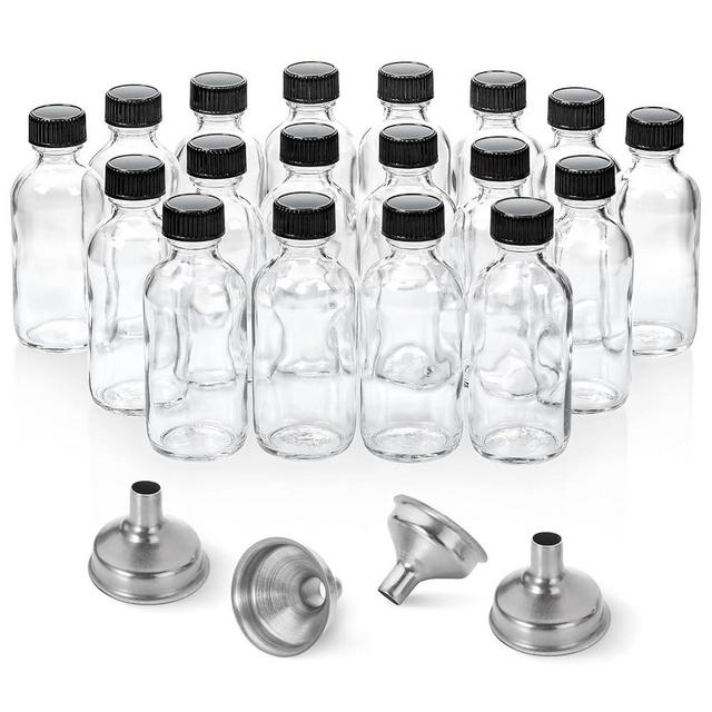 18 Pack, 2 oz Small Clear Glass Bottles with Lids & 4 Stainless Steel Funnels - 60ml Boston Sample Bottles for Potion, Juice, Wellness, Ginger Shots, Whiskey, Liquids - Mini Travel Essential Bottles