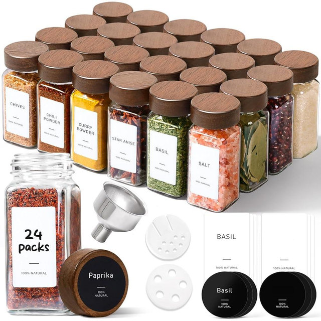 ComSaf 24Pcs (4Oz) Glass Spice Jars with Label, Airtight Seasoning Containers with Lid for Home Cooks to Organizing Herbs, Sugar, Pepper, Salt, Glass Spice Bottles Organize Cabinet & Drawer