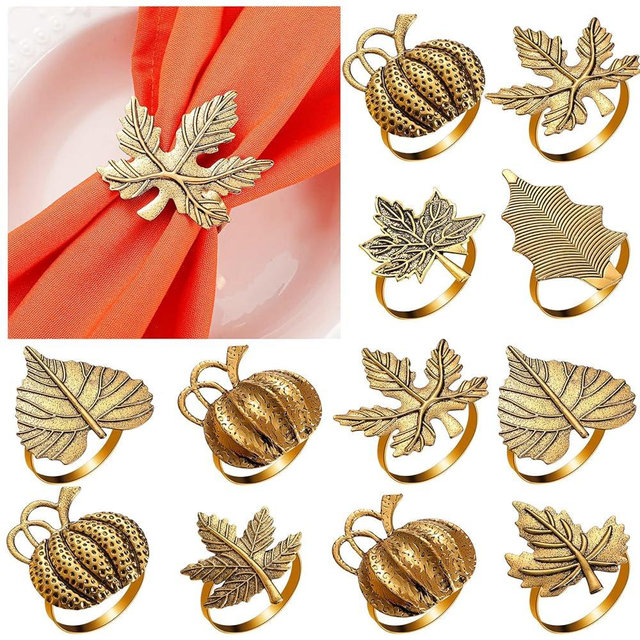 WILLBOND 12 Pcs Thanksgiving Napkin Ring Set Pumpkin Napkin Holders Fall Napkin Rings Fall Leaf Napkin Rings Alloy Napkin Holder Buckle for Halloween Home Party Table Decor Wedding Supplies(Classic)
