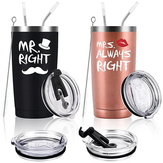 Qtencas Mr. Right Mrs. Always Right Travel Tumbler Set, Wedding Engagement Gifts for Husband Wife Newlywed Couples Bride Groom Anniversary, 20oz Stainless Steel Tumbler, Black and Rose Gold