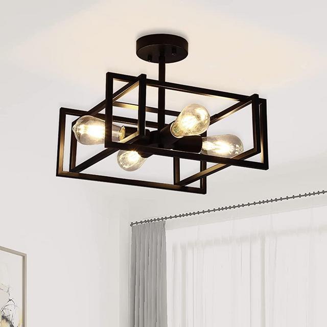 Minyuco Black Ceiling Light Fixtures - 4-Light Industrial Farmhouse Flush Mount Ceiling Lighting,Vintage Metal Chandelier Ceiling Lamp for Kitchen Island Living Room Bedroom Hallway Laundry Entryway