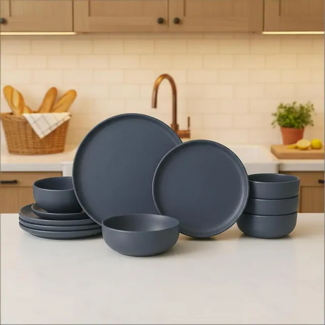 12-Piece Stoneware Dinnerware Set for 4, Plates & Bowls, Microwave & Dishwasher Safe, Non-Toxic Matte Glaze, Stackable Kitchenware