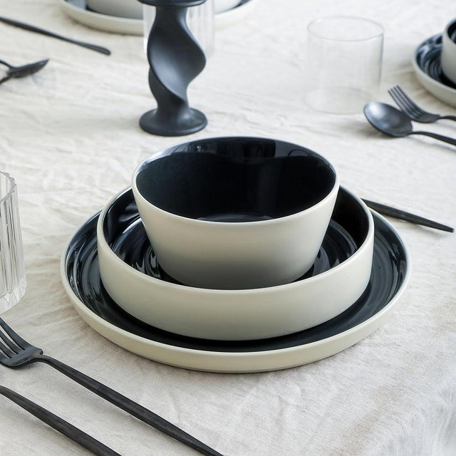 Stone Lain Elica 12-Piece Dinnerware Set Stoneware, Black and Beige