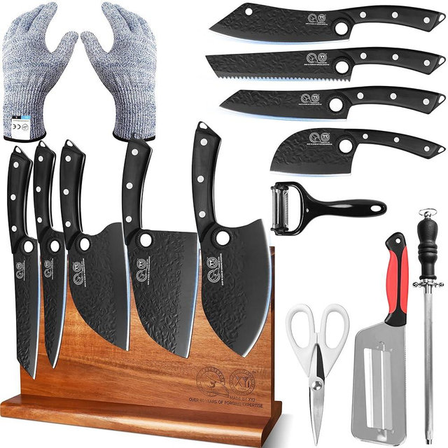 XYJ Authentic Since 1986, Kitchen Knife Set with Wooden Magnetic Knife Block, Scissors, Honing Steel, Peeler, Gloves, Vegetable Slicer Cooking Bread Butcher Chef Knives