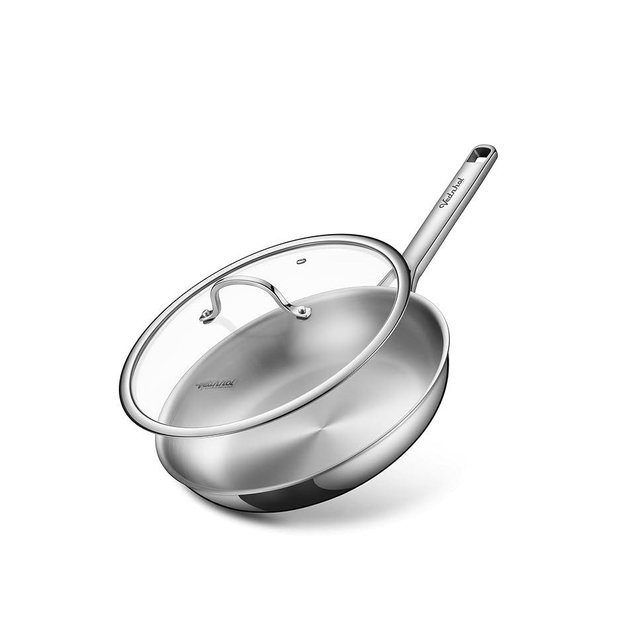 VEDNHOL Stainless Steel Pan with Lid,12 Inch Stainless Steel Frying Pan,Tri-Ply Stainless Steel Skillet,Steel Pan for Cooking,PFOA&PTFE Free,Dishwasher and Oven Safe,Induction&All Stove Compatible