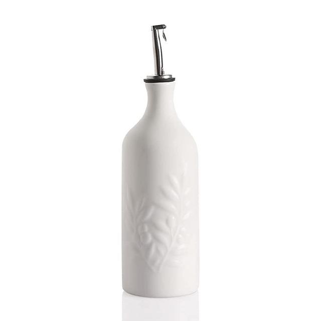 Sweejar Ceramic Olive Oil Dispenser Bottle, 20 Oz Relief Opaque Oil Cruet Protects Oil To Reduce Oxidation, Suitable For Storage Of Oil, Vinegar, Soy Sauce, Coffee Syrup, Liquids, Pack of 1 (White)