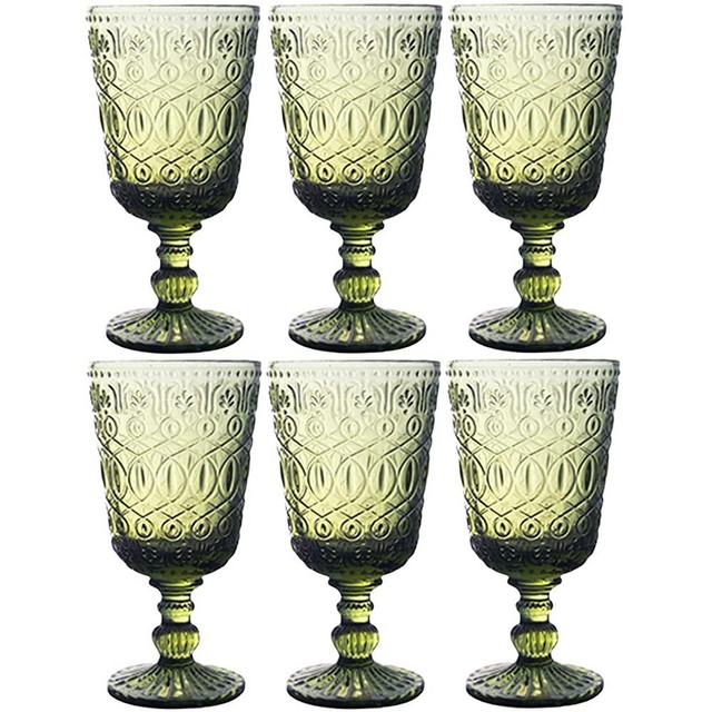 Taganov Wine Glasses set of 6 Dishwasher Safe 10 Ounces Green Goblet for Holidays Party Wedding Vintage Water Drinking Glasses Goblets Colorful Cloud Design Pressed Pattern