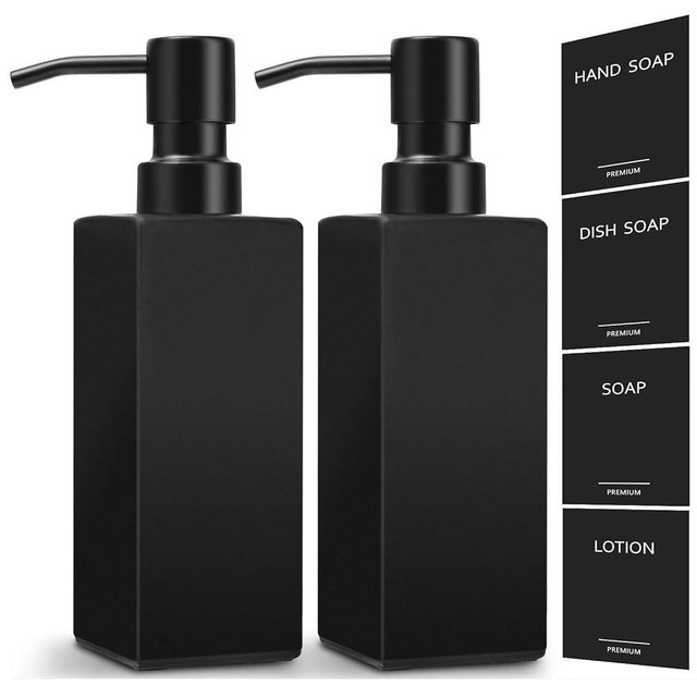 GMISUN Black Soap Dispenser Bathroom, Glass Hand Soap Dispenser with Stainless Steel Pump, 12 fl oz/350ml Refillable Dish Dispensers for Kitchen, Modern Liquid Lotion Bottles for Bathroom Countertop