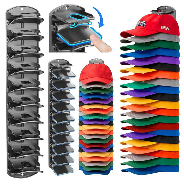 genicuts Double Capacity Hat Organizer for Baseball Caps 2 Packs - 40 Cap Storage with Spring Clips, Wall Mount Closet & Door Hat Rack Holder Hanging(Strong Adhesive & Screws) Matte Black