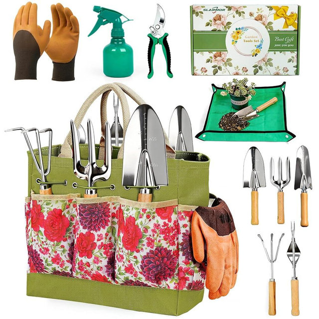 SLARMOR Garden Tool Set, 10 PCS Gardening Essentials, Stainless Steel Garden Hand Tools with Tote Bag, Well-Designed Gardening Supplies Kit Gifts for Women Men Gardeners