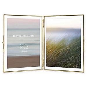 Rustic 2-Photo 5-Inch x 7-Inch Pressed Glass Hinged Vertical Picture Frame in Gold