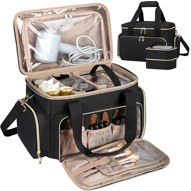 GDNasist Large Makeup Bag, Portable Travel Makeup Bag Organizer for Women Girls with 2 Removable Pouches & Detachable Dividers, Cosmetic Travel Bag, Toiletry Bag for Makeup and Hair Supplies Black