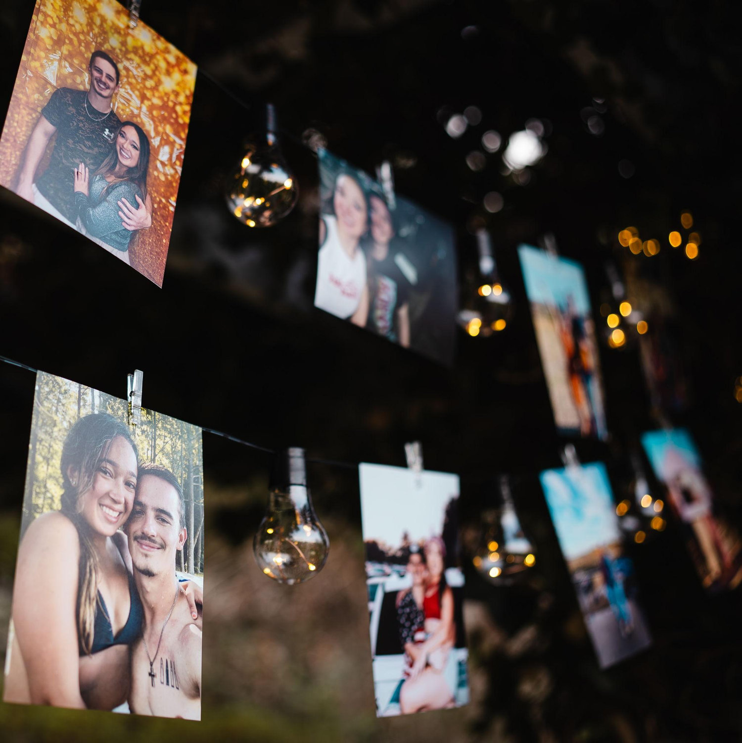 String lights and photos of us. Drew recreated a detail from Hannah's dream proposal Pinterest board.