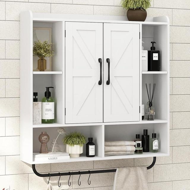 RUSTOWN Rustic Wood Wall Bathroom Cabinet, Farmhouse Medicine Cabinet Wall Mounted, Space Saving Wall Storage Cabinet with 2 Barn Door, 3-Tier Adjustable Shelves and Towel Bar (White)