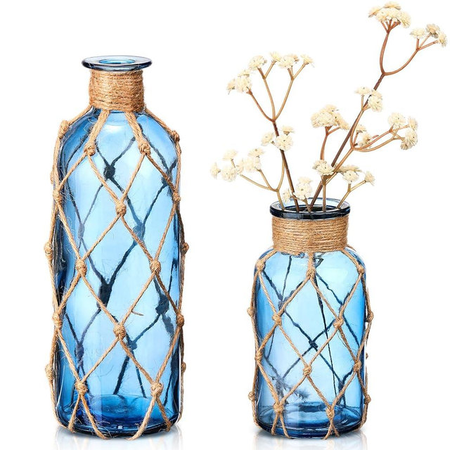 Chuangdi Set of 2 Coastal Glass Vases for Flowers TSITP Flower Vase with Boho Rope Small Sea Glass Jar Nautical Beach Bottle for Wedding Table Centerpieces Floral Arrangement Decor(Navy Blue)